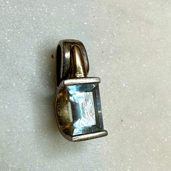 Aquamarine baguette necklace charm 925 silver and 18K gold vintage - Picture 1 of 5